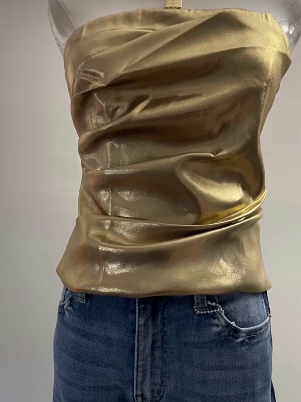 Miss Love Shimmery Metallic Gold Strapless Top